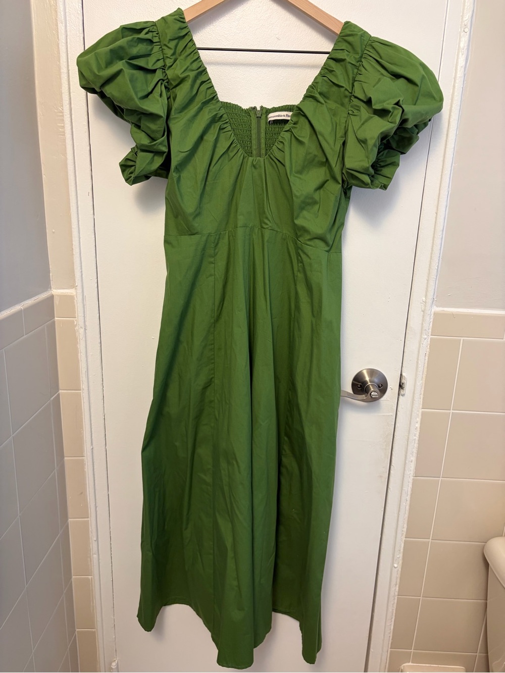 Puff-Sleeve Midi Dress in Olive Green
